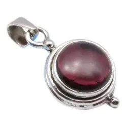 Rundt granat vedhæng i oxideret sterlingsølv