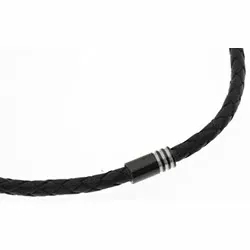 Flettet halskæde i sort læder med stål lås  x 4,4 mm