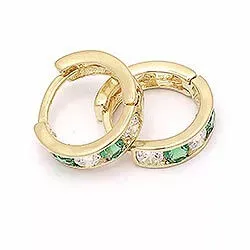 10 mm runde creoler i 14 karat guld med zirkoner og syntetiske smaragder