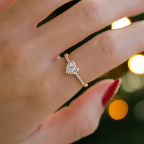 hjerte zirkon guldring i 9 karat guld