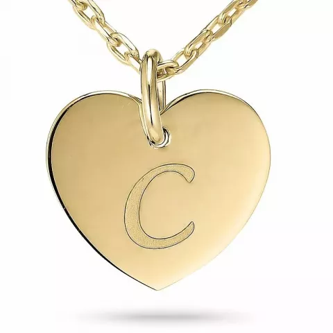 Bogstav c ankerhalskæde i forgyldt sølv med hjertevedhæng i 9 karat guld