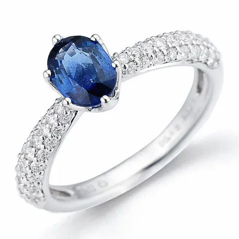 oval blå safir diamantring i 14 karat hvidguld 0,506 ct