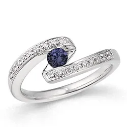 blå safir diamantring i 14 karat hvidguld 0,084 ct