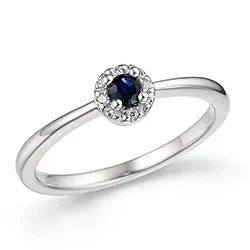 rund blå safir diamantring i 14 karat hvidguld 0,02 ct