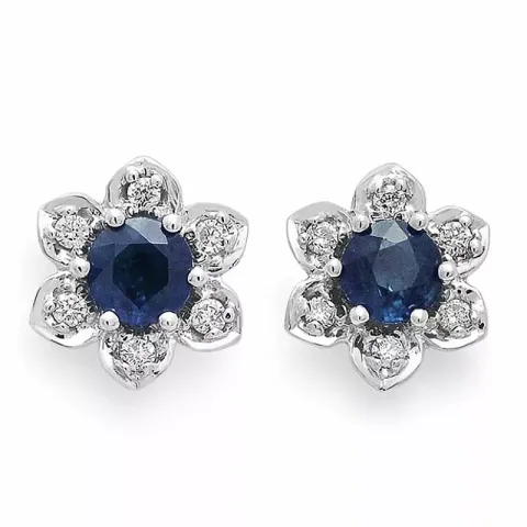 Blomster blå safir ørestikker i 14 karat hvidguld med diamanter og safirer