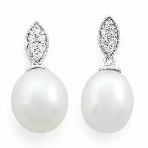 ovale perle diamantøreringe i 14 karat hvidguld med diamant 
