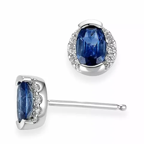 ovale blå safir ørestikker i 14 karat hvidguld med diamant og safir