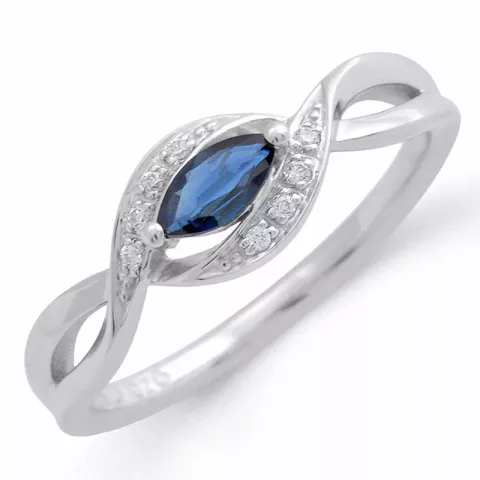 blå safir diamantring i 14 karat hvidguld 0,04 ct 