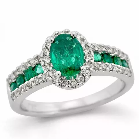 oval grøn smaragd diamantring i 14 karat hvidguld 0,65 ct 0,31 ct 0,29 ct