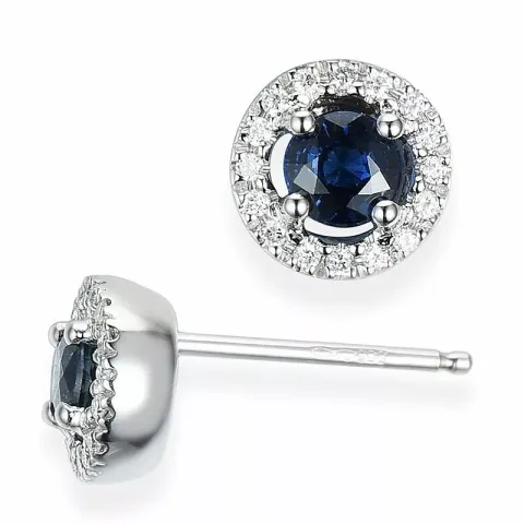 runde blå safir diamantøreringe i 14 karat hvidguld med diamant og safir