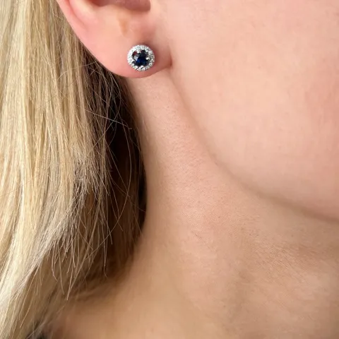 runde blå safir diamantøreringe i 14 karat hvidguld med diamant og safir