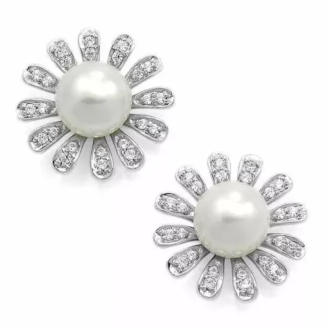 Blomster perle brillantøreringe i 14 karat hvidguld med diamanter 