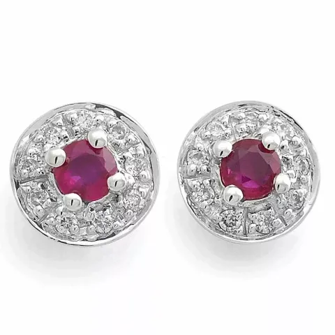 runde brillantøreringe i 14 karat hvidguld med diamant og rubin
