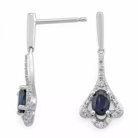 lange blå safir diamantøreringe i 14 karat hvidguld med diamant og safir 