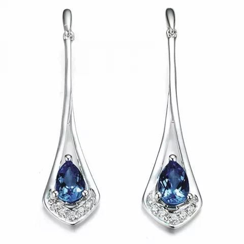 lange blå diamantøreringe i 14 karat hvidguld med diamant og safir 