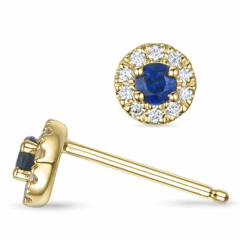 runde blå safir guld ørestikker i 14 karat guld med diamant og safir