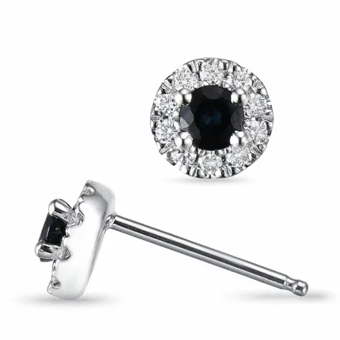 runde blå safir ørestikker i 14 karat hvidguld med diamant og safir