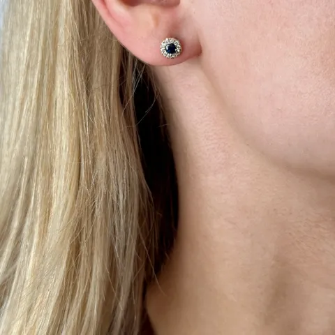 runde blå safir ørestikker i 14 karat guld med diamant og safir