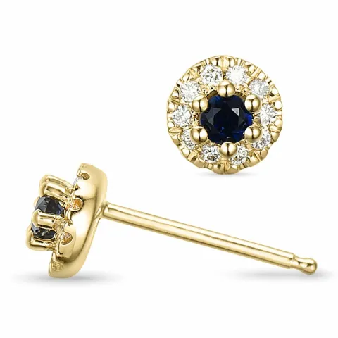 runde blå safir ørestikker i 14 karat guld med diamant og safir