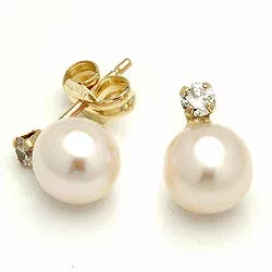 hvide ørestikker med perle i 9 karat guld med zirkon