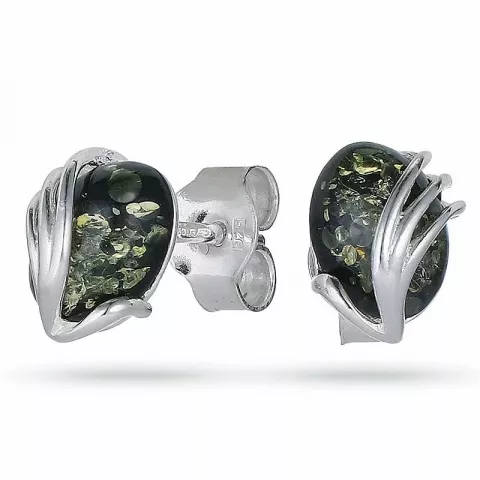 ovale grønne rav ørestikker i sølv