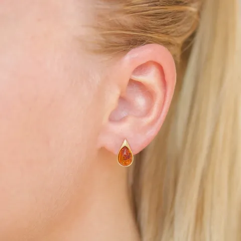 dråbe rav ørestikker i forgyldt sølv