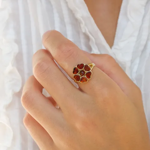 blomster rav ring i forgyldt sølv