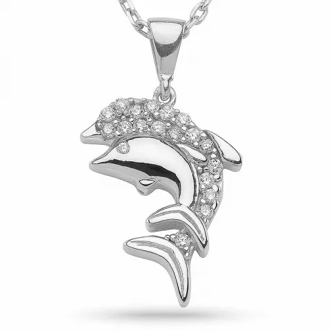 Dobbelt delfin zirkon vedhæng med halskæde i sølv