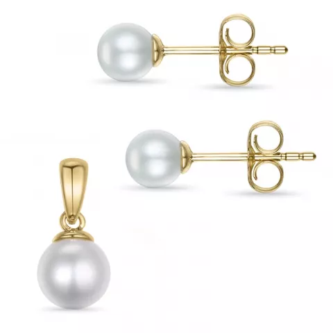 hvid perle sæt med øreringe og vedhæng i 14 karat guld