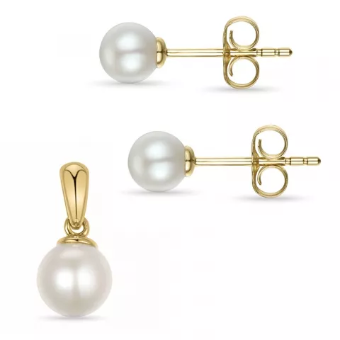 elfenben hvid perle sæt med øreringe og vedhæng i 14 karat guld