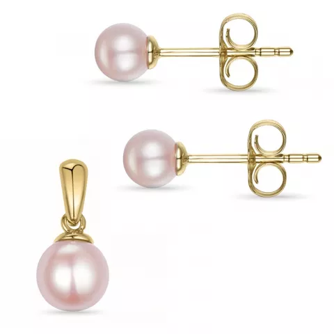 rosa perle sæt med øreringe og vedhæng i 14 karat guld