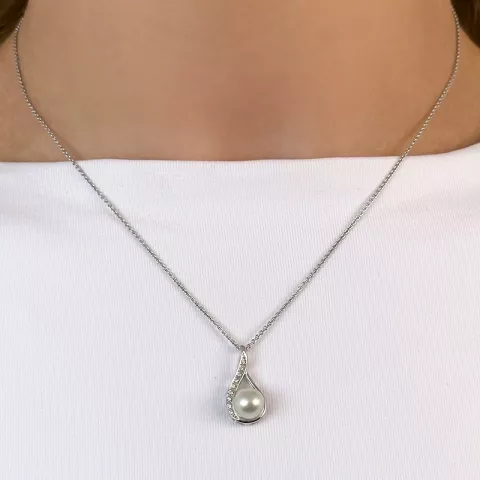 Perle diamantvedhæng i 9 karat hvidguld 0,05 ct