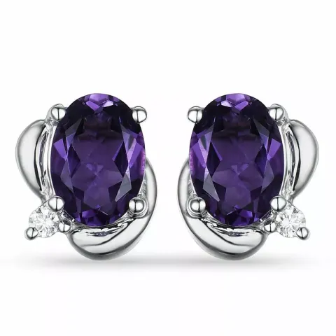 ovale ametyst diamantøreringe i 9 karat hvidguld med diamant og ametyst