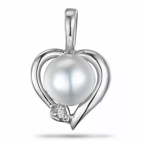 Hjerte perle diamantvedhæng i 9 karat hvidguld 0,008 ct