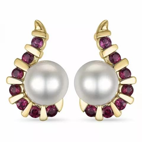 Perle øreringe i 9 karat guld med rubiner 