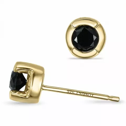 runde sorte diamant solitaireørestikker i 9 karat guld med sort diamant 