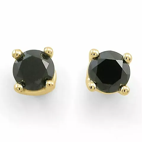 runde sorte diamant solitaireørestikker i 9 karat guld med sort diamant