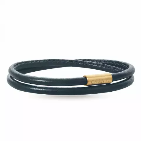 Rund sort armbånd i læder med forgyldt stål lås  x 4 mm