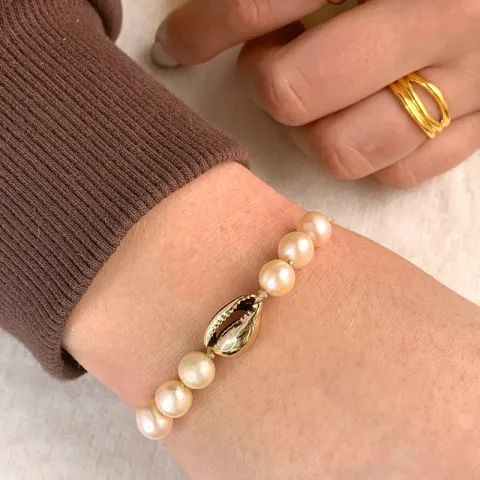 perle forgyldt muslinge armbånd i silke snor 17 cm plus 4 cm x 10 mm