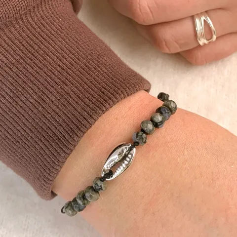 grå opal muslinge armbånd i silke snor 17 cm plus 4 cm x 10 mm