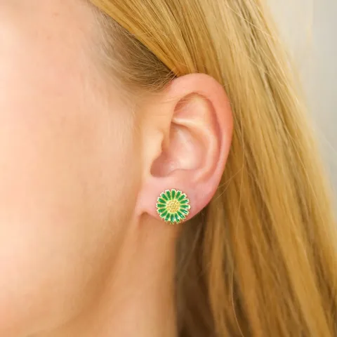 11,5 mm marguerit mørkegrønne øreringe i forgyldt sølv