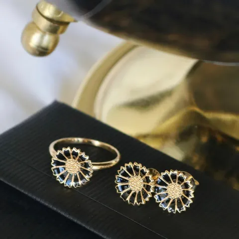 12 mm marguerit sort ring i forgyldt sølv - Marie