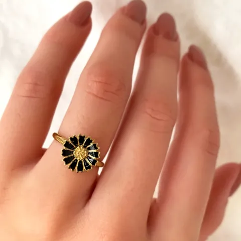 12 mm marguerit sort ring i forgyldt sølv - Marie