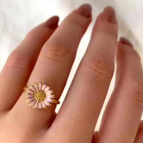 12 mm marguerit lyserød ring i forgyldt sølv