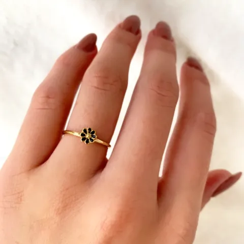 5 mm marguerit sort ring i forgyldt sølv