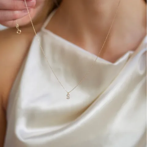 bogstav S zirkon Halskæde med vedhæng i 8 karat guld - My Letter