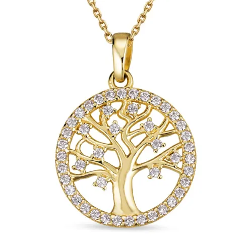 14 mm livets træ halskæde i forgyldt sølv med vedhæng i 8 karat guld - Gold Collection