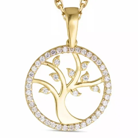 16 mm livets træ zirkon halskæde i forgyldt sølv med vedhæng i 8 karat guld - Gold Collection