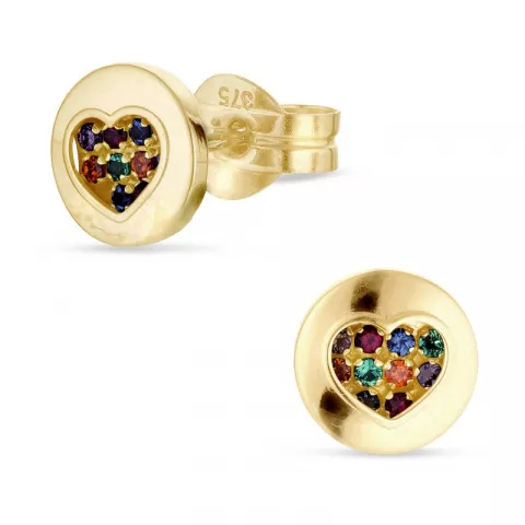 runde hjerte multifarvede ørestikker i 9 karat guld med zirkon