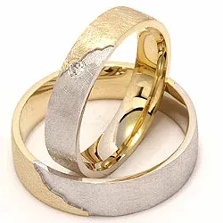 Tofarvet struktureret vielsesringe i 14 karat guld.- og hvidguld 0,035 ct - sæt